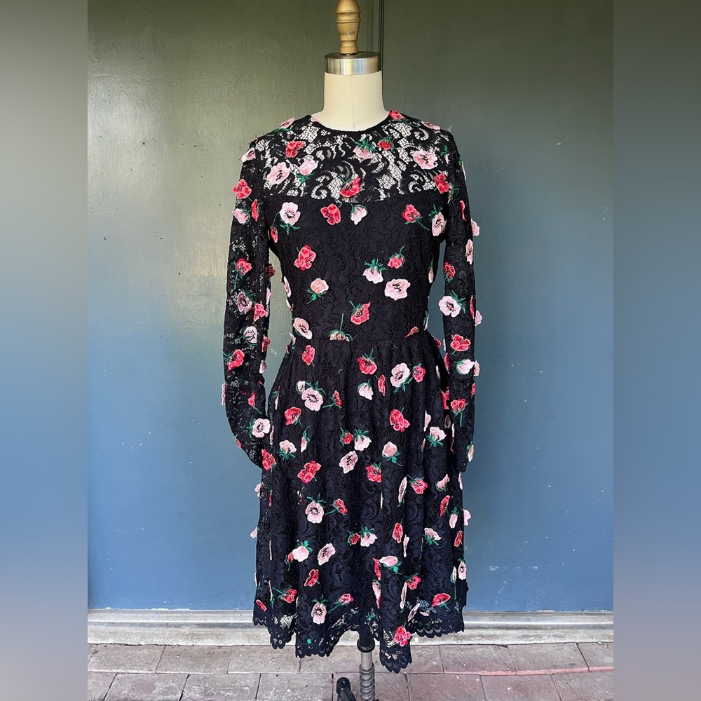 Lela Rose lace midi dress with 3-D fluttering embroidered flowers - size 4